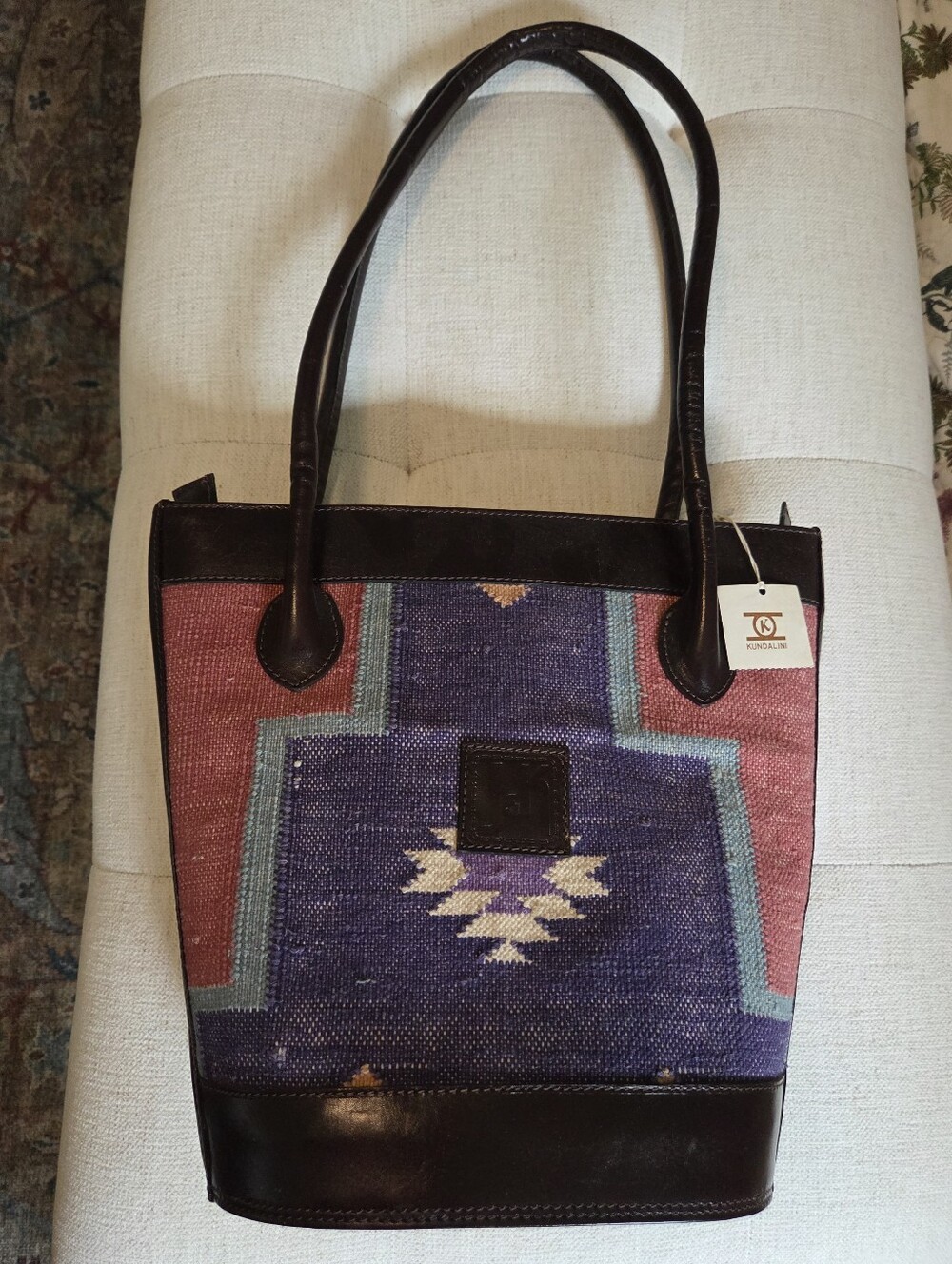 NWT Vintage Kilim Handwoven Tapestry Leather-Trim Bucket Bag